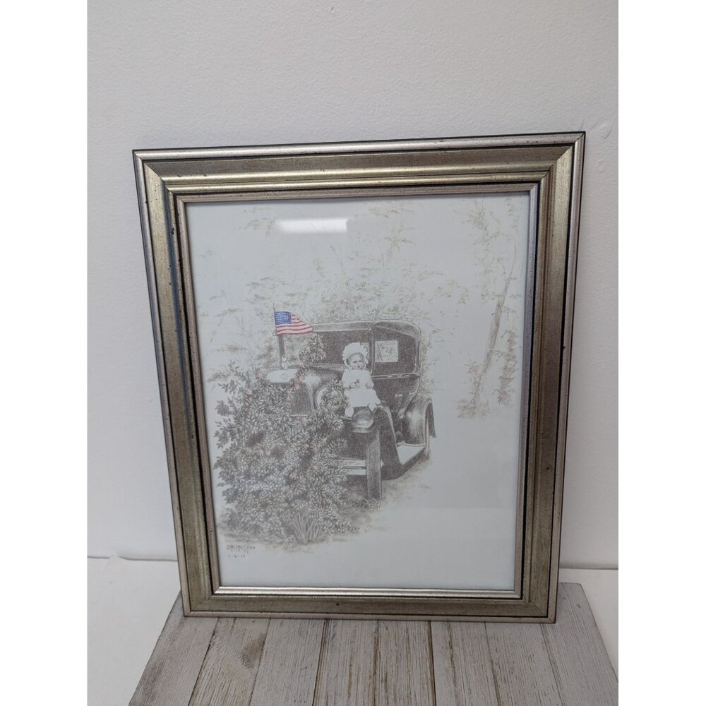 Jane McClure Jane's Prints Young Girl sitting on Old Car Flag Framed Print